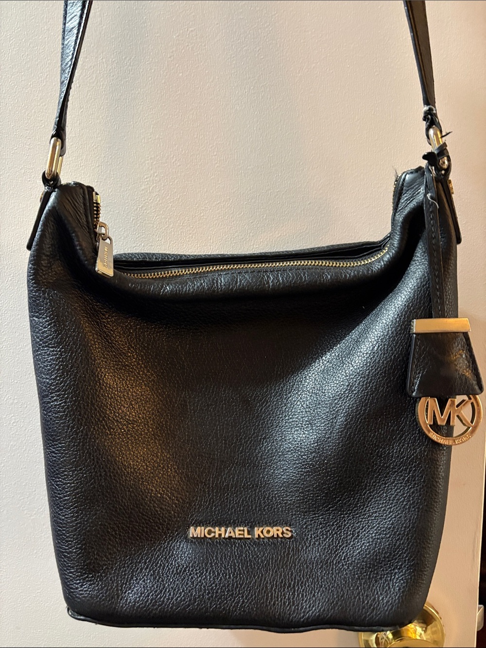 Michael Kors Black Pebbled Leather Shoulder Bag with Gold Logo Charm